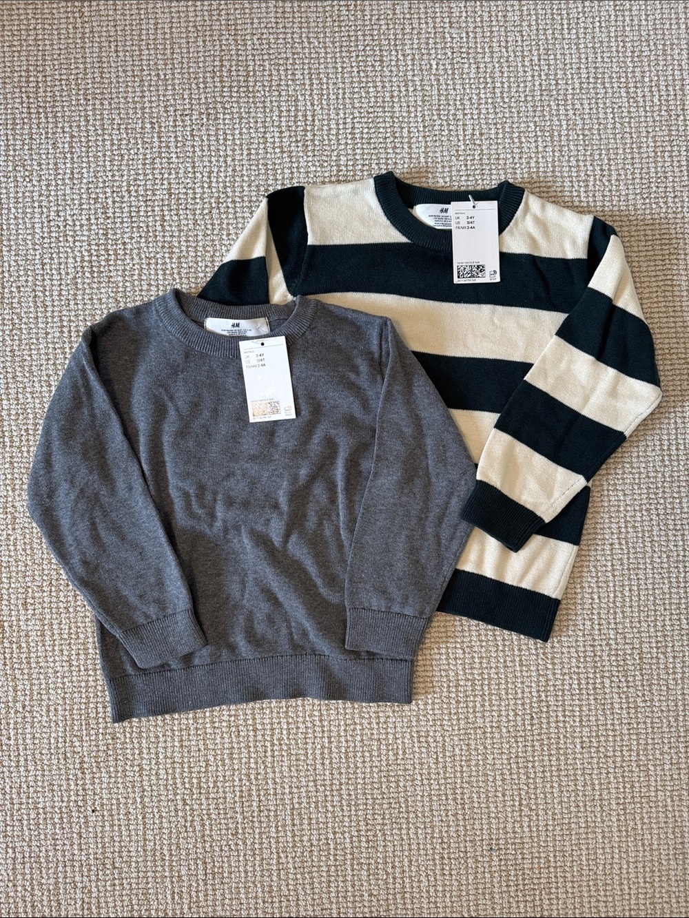 NWT Two H&M Toddler Boys Crewneck Sweaters - Gray and Green/Cream Stripe